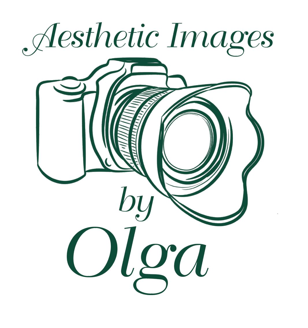 Elegant green logo design featuring a stylized camera with 'Aesthetic Images by Olga' text in cursive font.