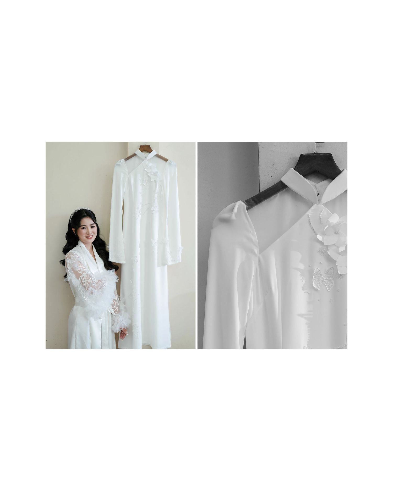 White elegant long-sleeved button-down dress with collared neckline displayed on a hanger.