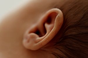 Close-up macro photograph of a human ear showing detailed skin texture and curves in warm lighting.