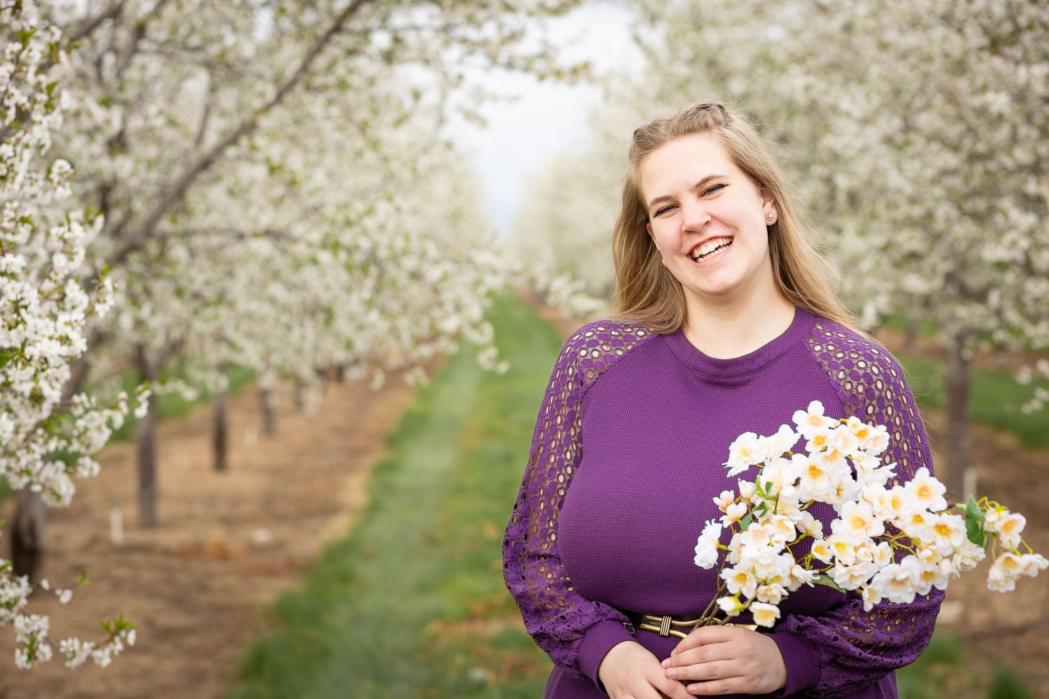 girl in purple shirt with fake apple blossoms at apple orchard photoshoot Utah Rowley's Red Barn