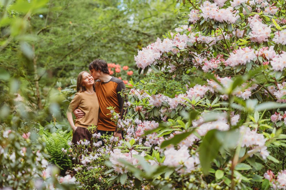 A couple embraces among blooming blossom trees in Bellevue botanical garden setting.
