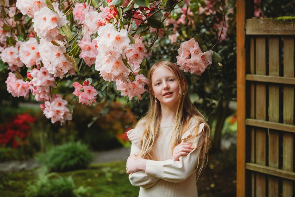 A girl in a white dress stands beneath blooming pink tree blossoms in a spring Bellevue botanical garden setting.