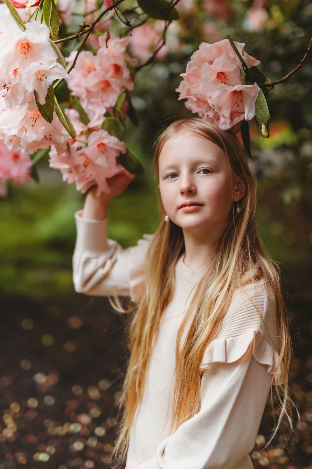 Pink spring blossoms frame a dreamy portrait under flowering trees in soft natural light in Bellevue botanical  garden.