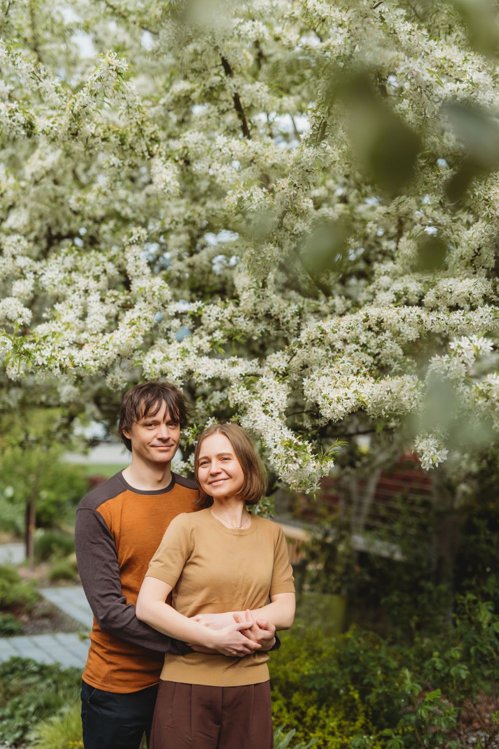A couple embraces under blooming white spring tree blossoms in Bellevue botanical garden setting.