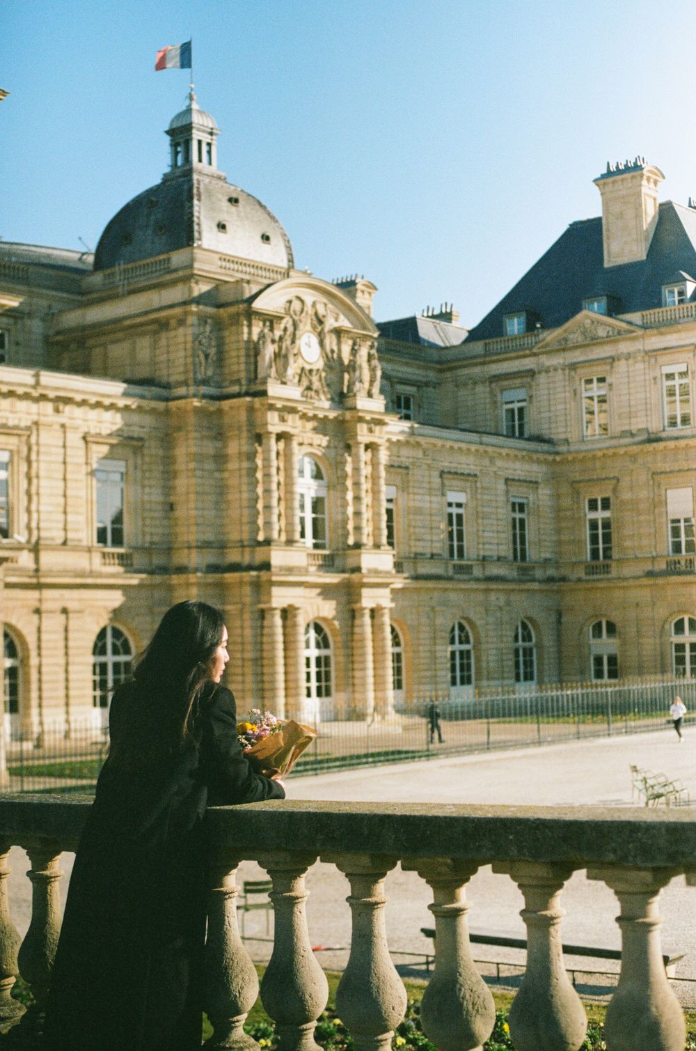 A grand view of the Luxembourg Palace in Paris with its domed architecture and ornate stone balustrade on a sunny day.