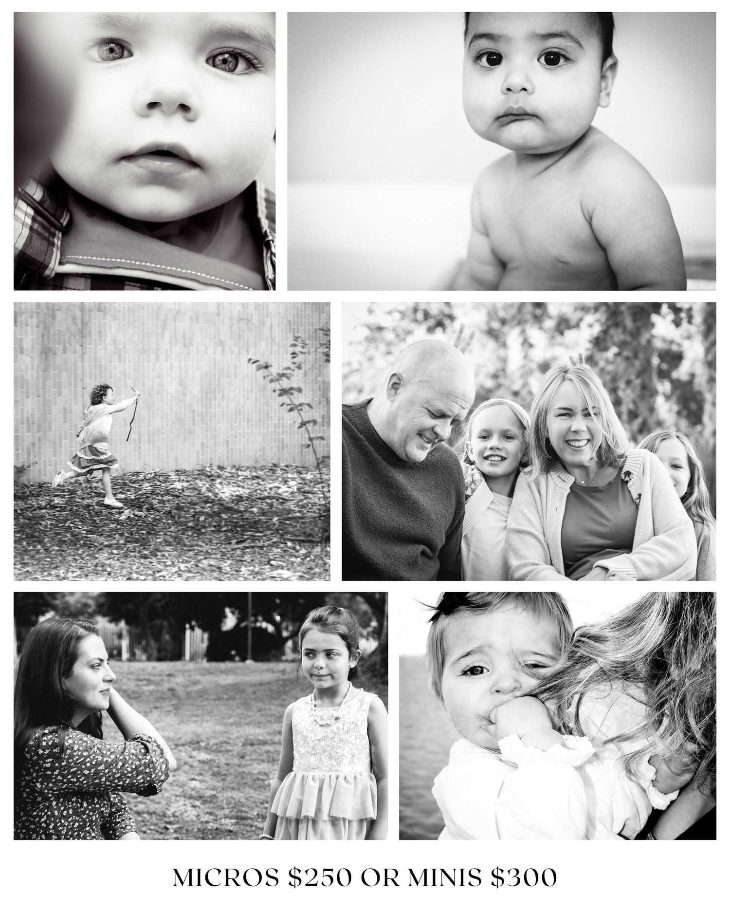 A collection of six black and white family portraits arranged in a grid showing candid moments and intimate family interactions.