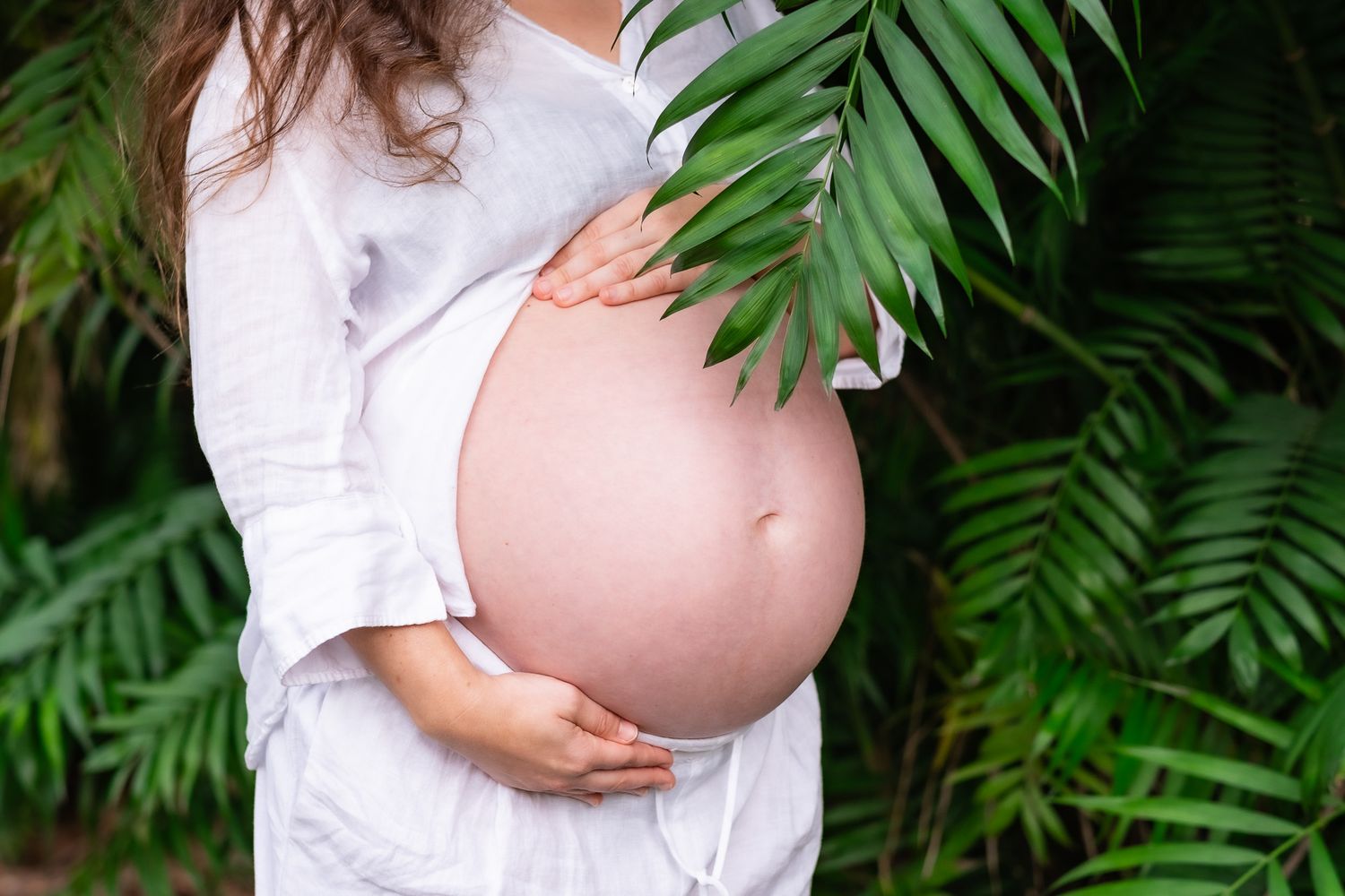 A beautiful pregnant belly in a green botanical garden next to a lush green leaves corner, photo take by Raquel Soares Photography
