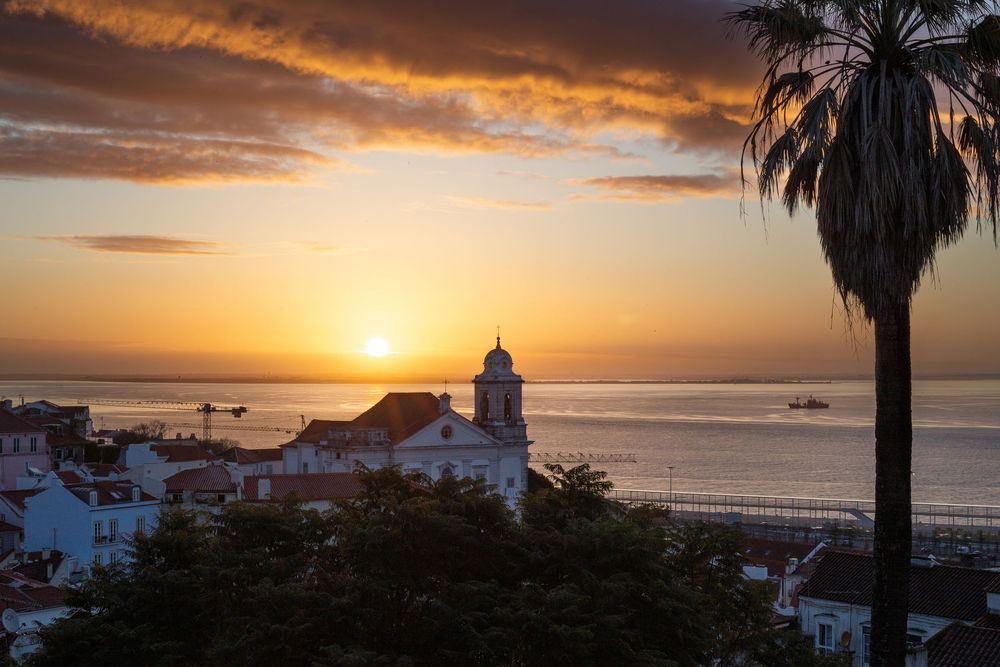 Panoramic sunset view of a coastal town with palm trees silhouetted against an orange and pink sky over the ocean.