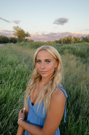 Sioux City, Iowa photographer. Blonde woman in blue sleeveless dress standing in lush green field during golden hour sunset.