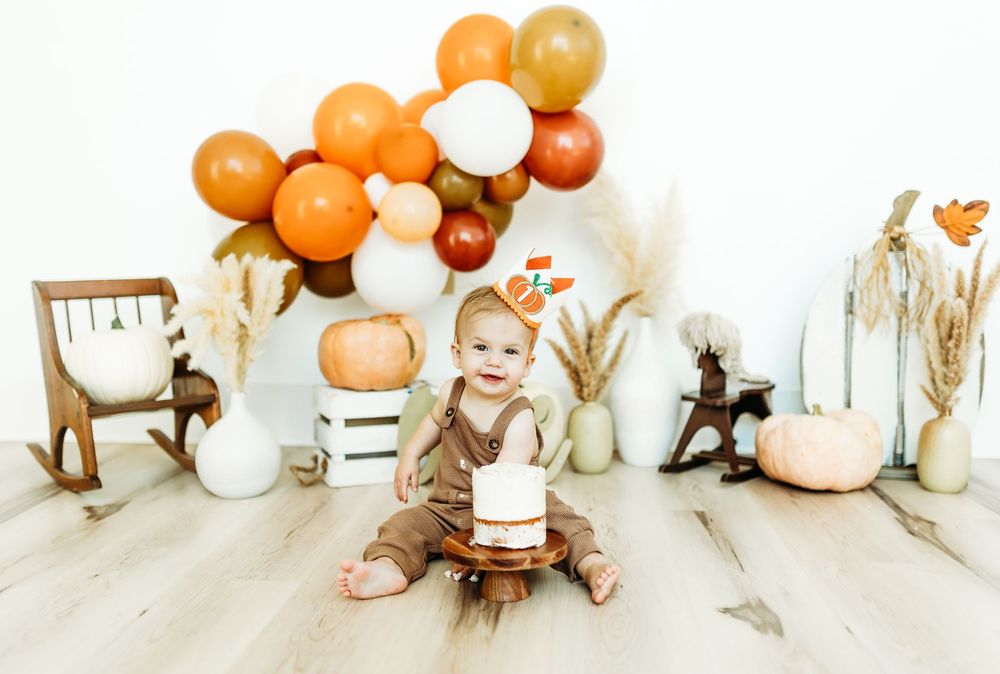 A series of orange and white balloons arranged in a creative timeline photo sequence against a white background.