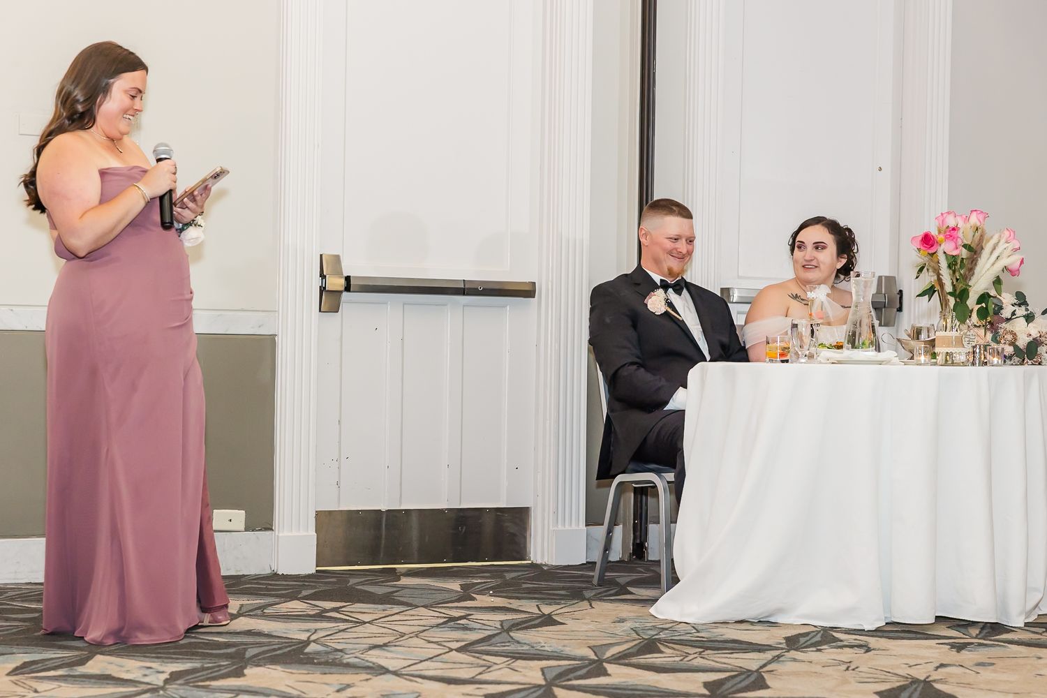 A collection of wedding photos showing couples and wedding party members in formal attire at an elegant indoor venue.