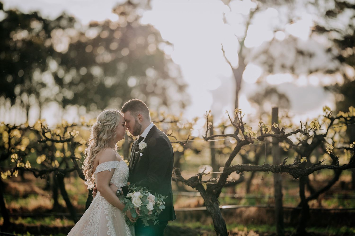 A romantic couple embraces during a golden sunset in a vineyard with sunlight filtering through the grapevines.