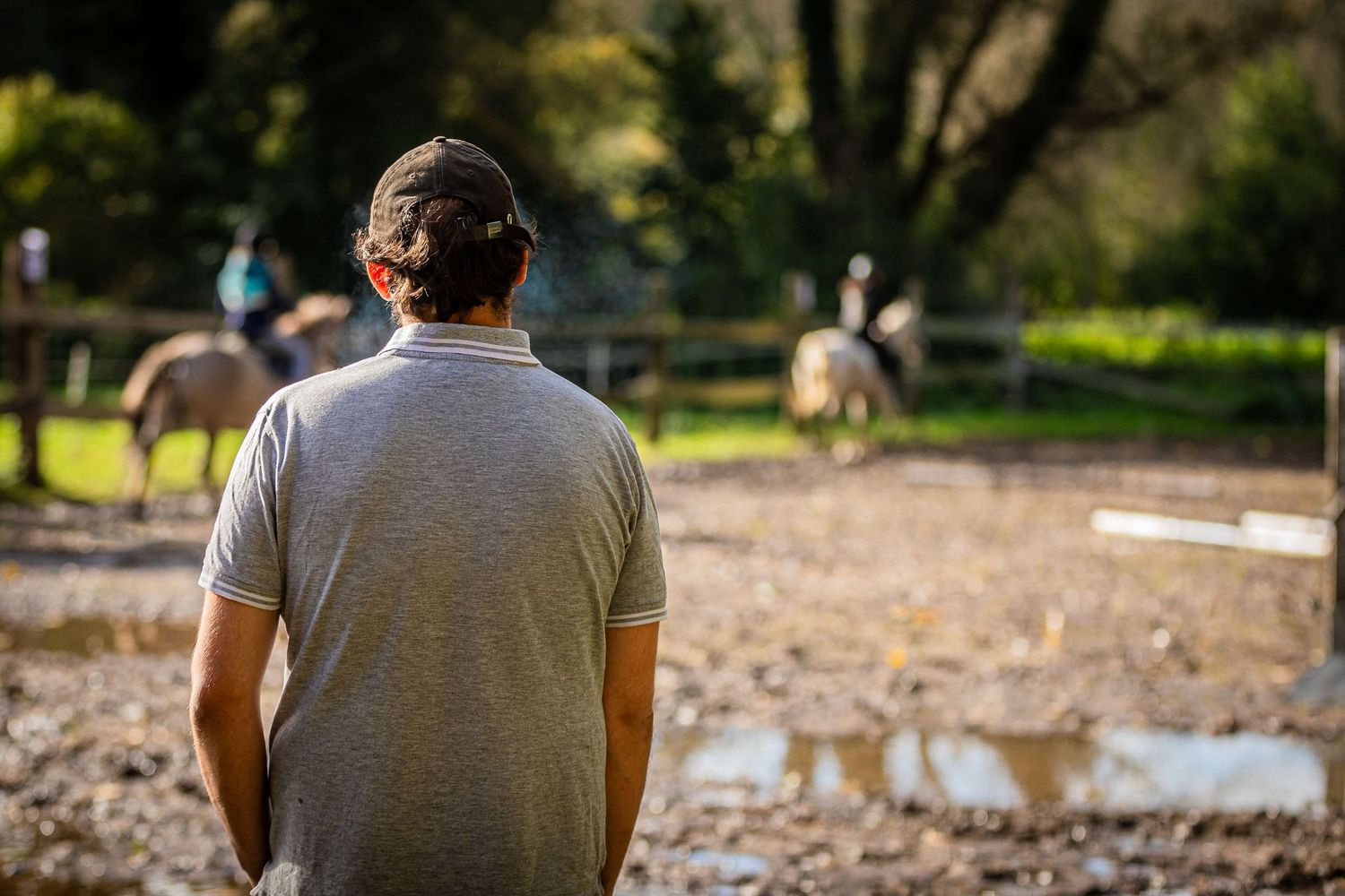 Person in gray shirt watching equestrian riders in a dusty arena.