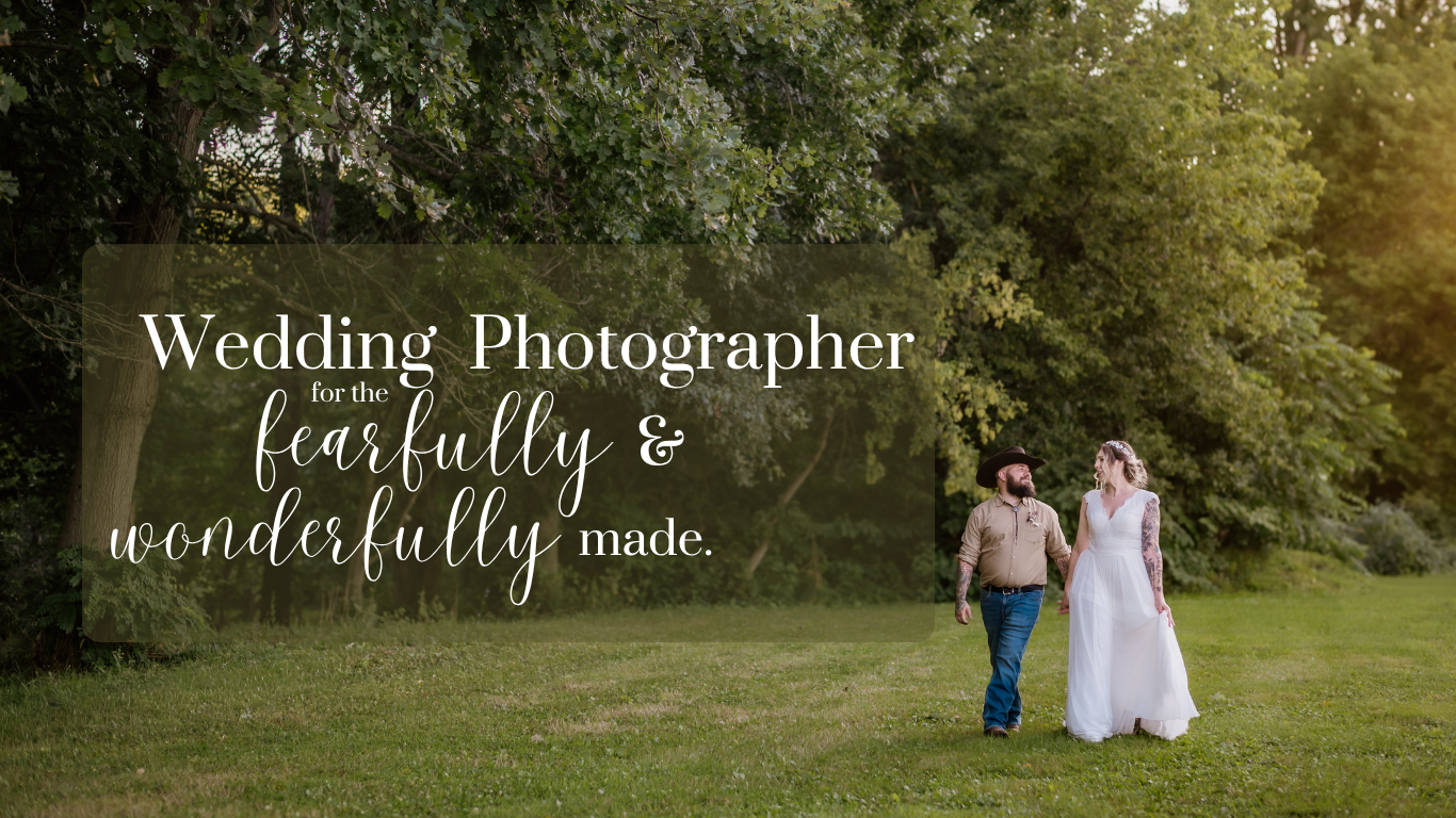 A wedding photographer logo overlays a romantic outdoor scene with a bride and groom walking together in a sunlit garden setting.