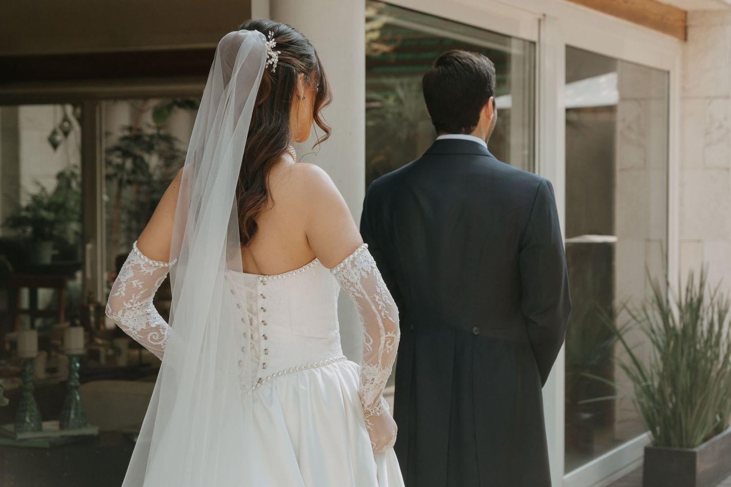 A series of romantic wedding photos showing couples in formal attire with elegant decor and natural lighting.