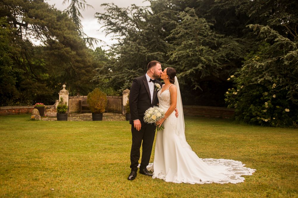 Wedding portraits captured in sequence showing intimate moments between couple in garden setting.