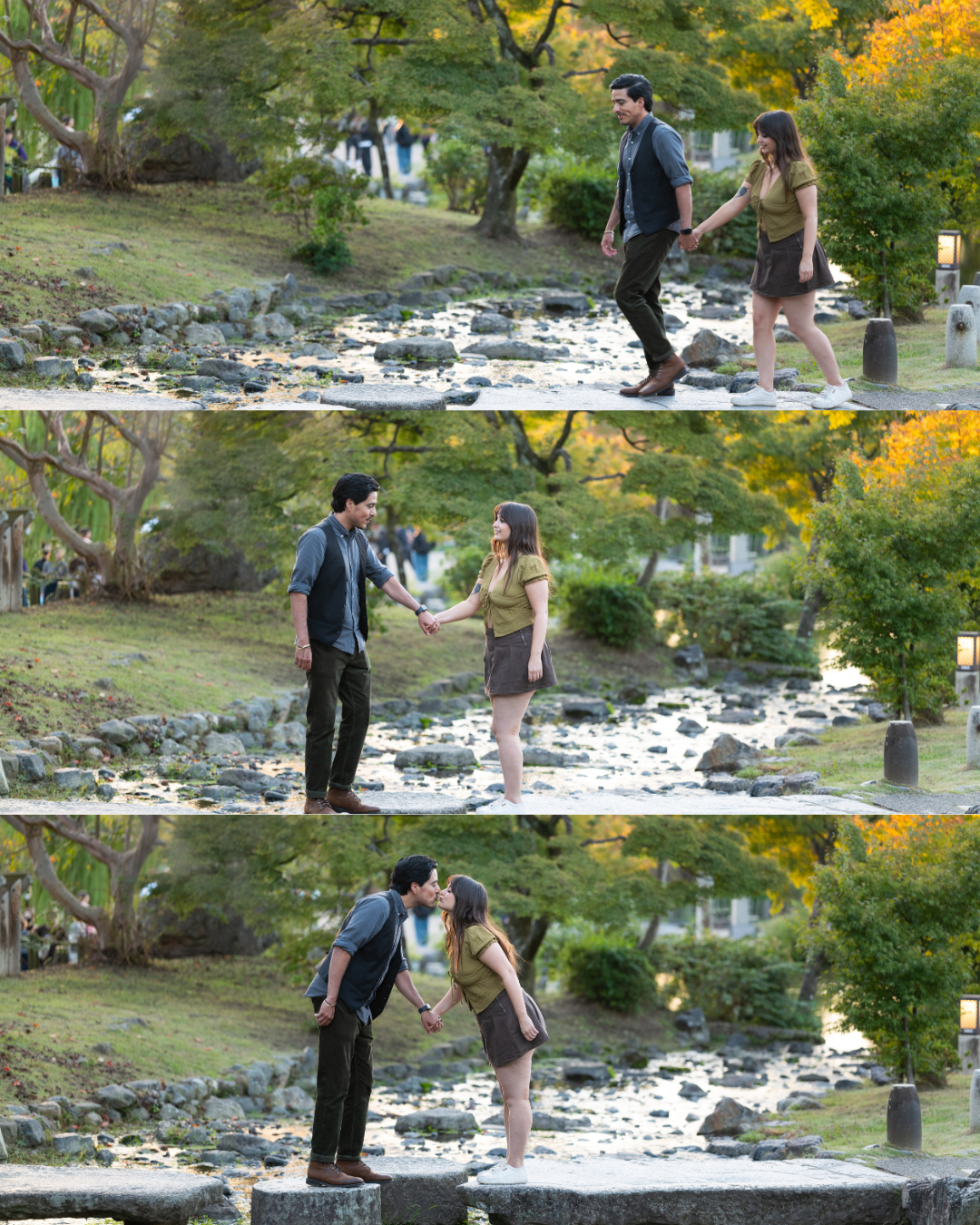 Three-photo sequence of couple meeting, holding hands, and kissing in autumn park.