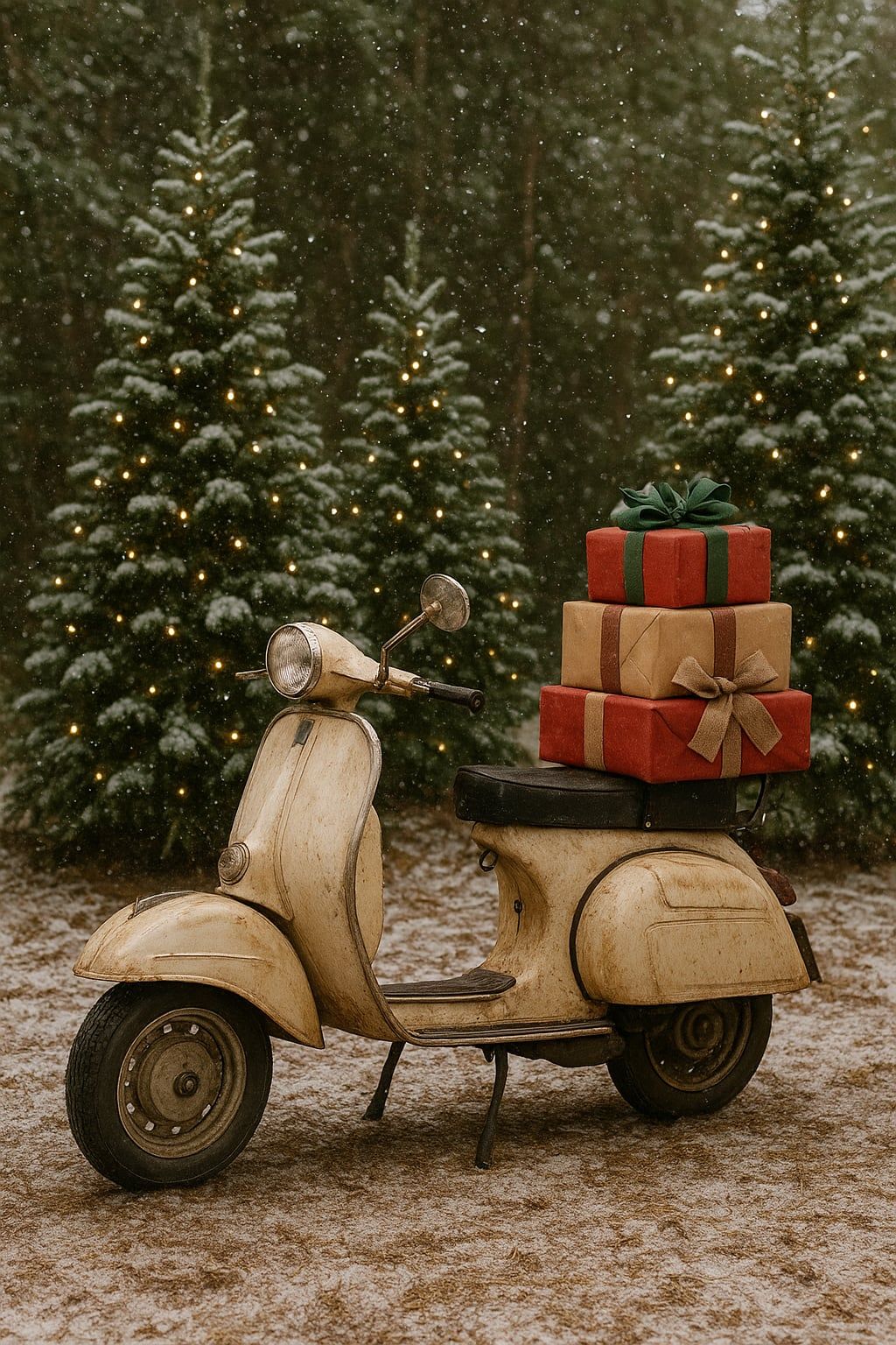 A vintage beige scooter with red gift boxes arranged in a sequence showing different angles in a snowy forest setting.