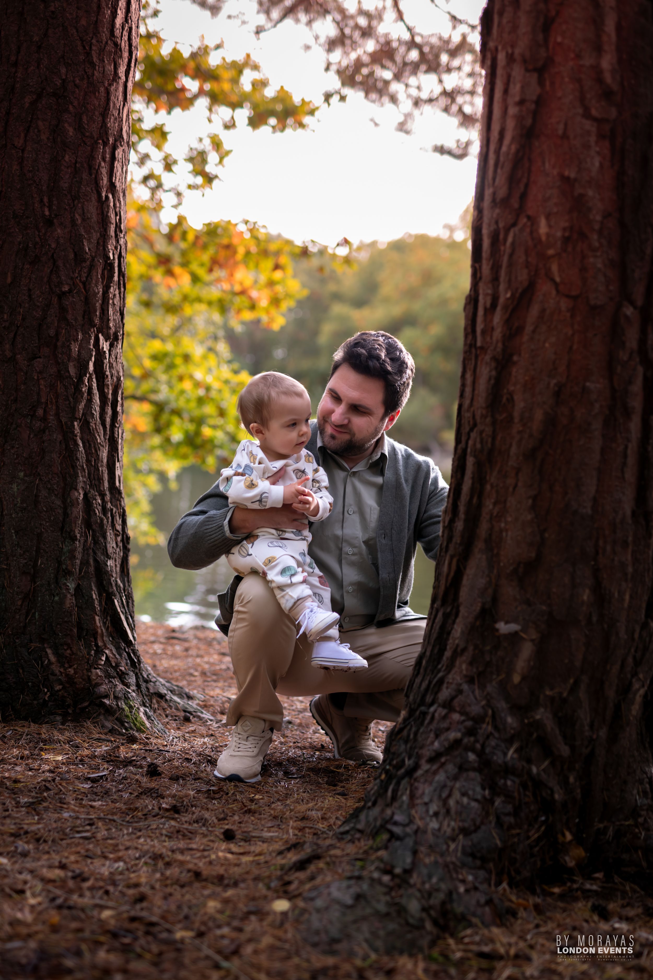 Autumn forest photoshoot sequence with pine trees and fallen leaves.
