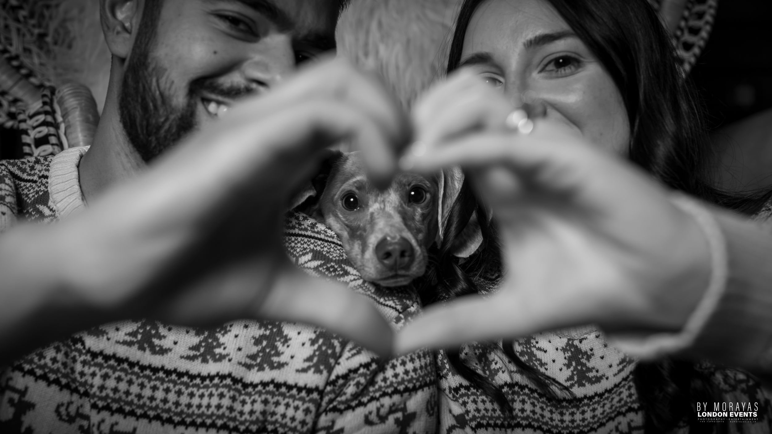 Winter-themed photos showing romantic moments and a small dog in black and white.