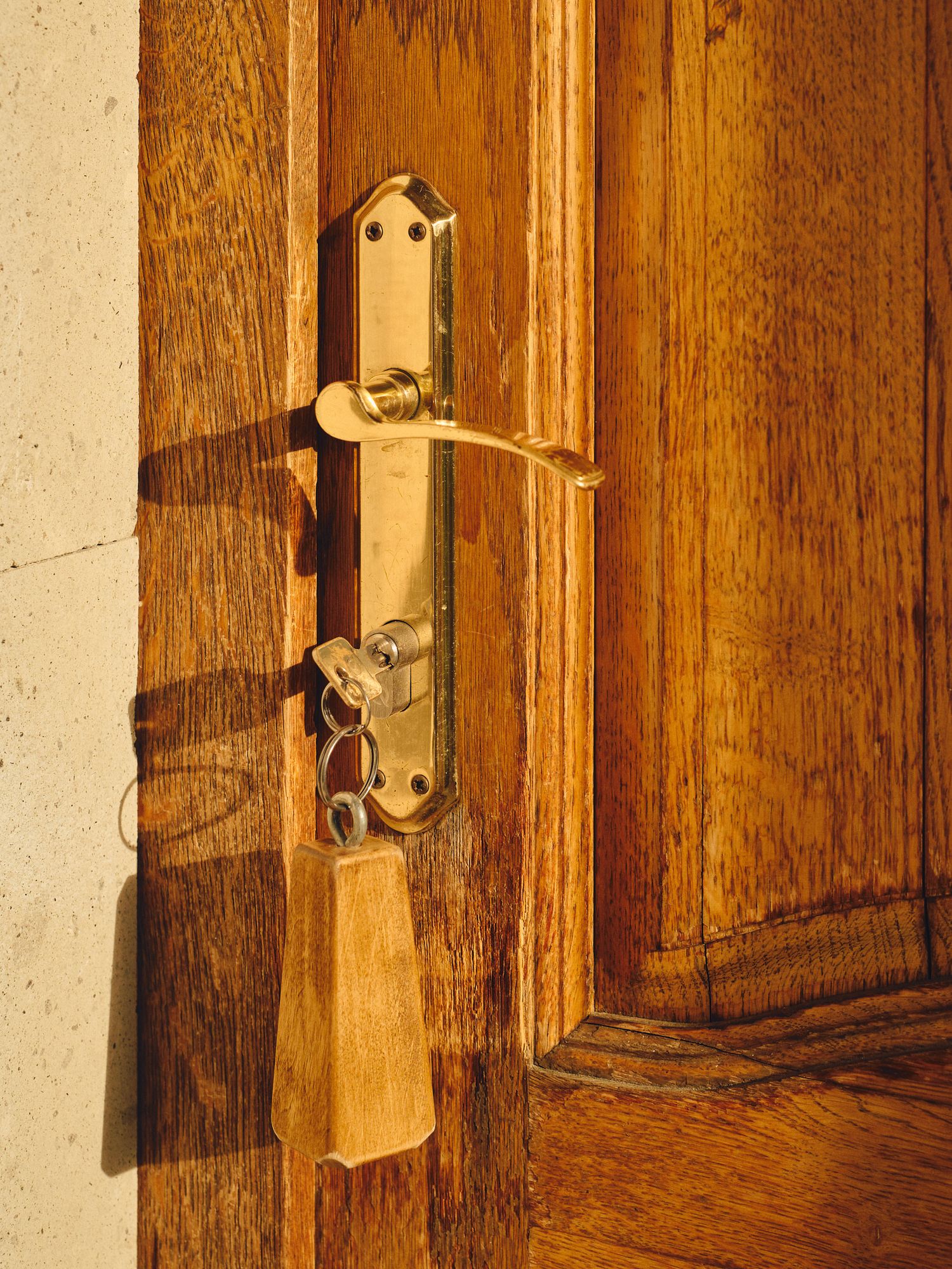 Close-up view of vintage brass door locks mounted on wooden panels in warm lighting.