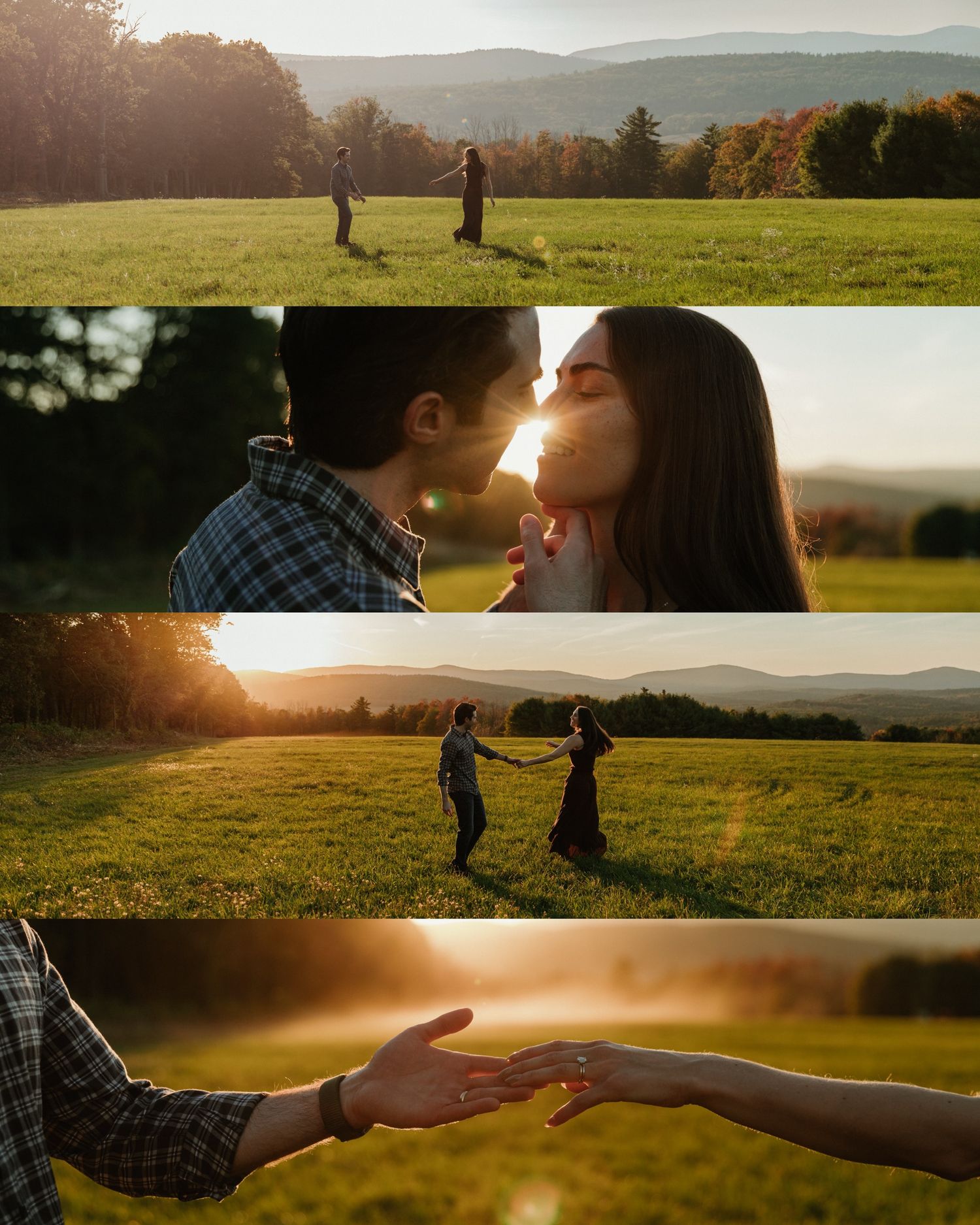 A couple shares a tender moment in a sunlit meadow with mountains in the background during golden hour.