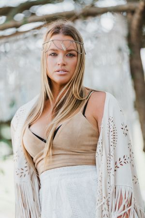Boho style portraits featuring cream crochet details and natural lighting.