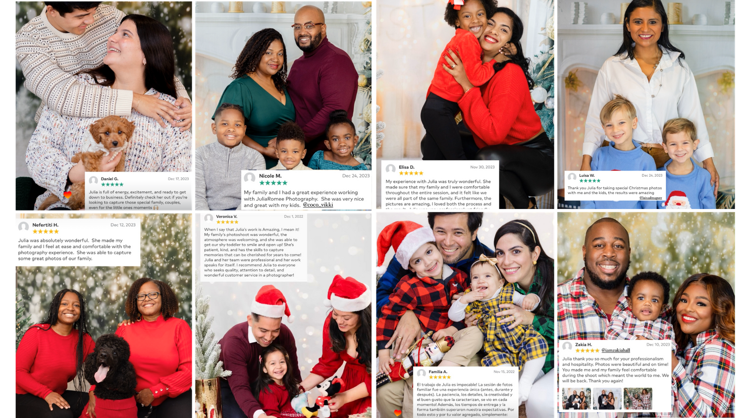 Collection of holiday family portrait photos with festive Christmas themes.
