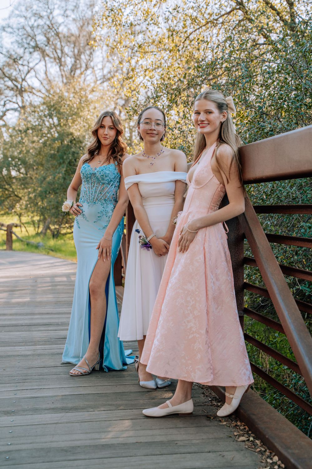 Group of people in formal dresses leaning against wooden railing outdoors.