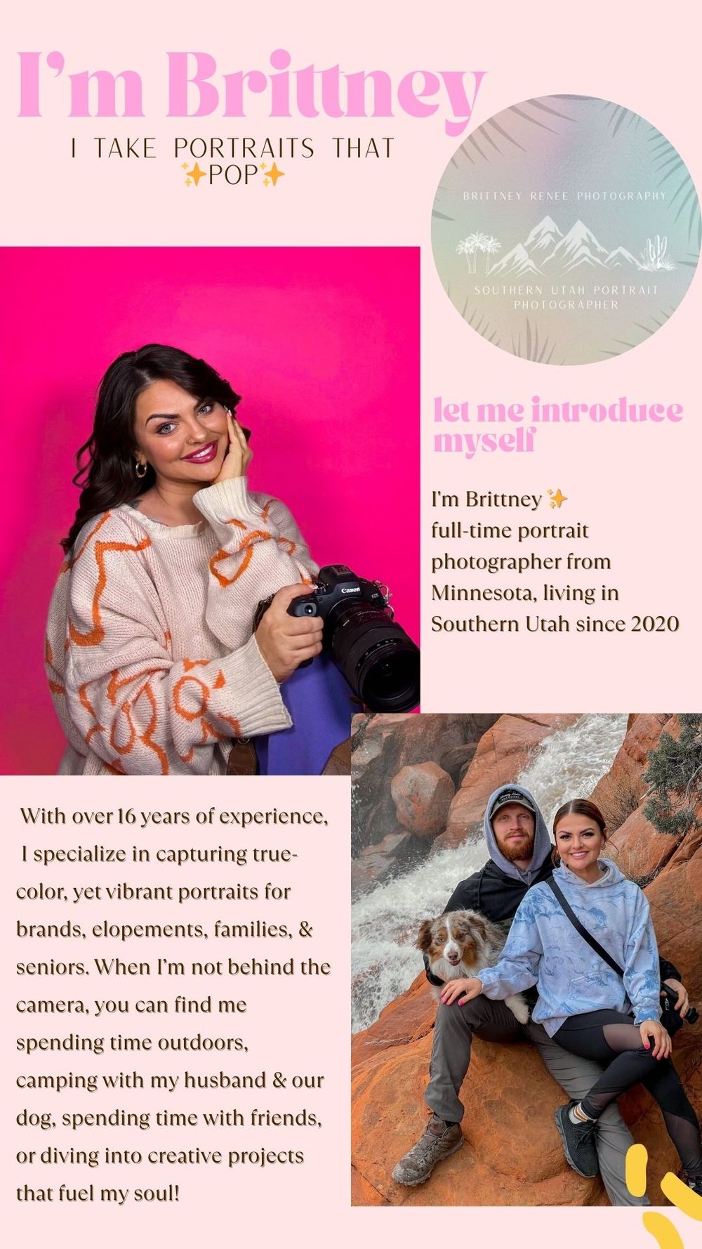 A professional photography business page with pink and teal design elements showcasing portrait and outdoor photography services.