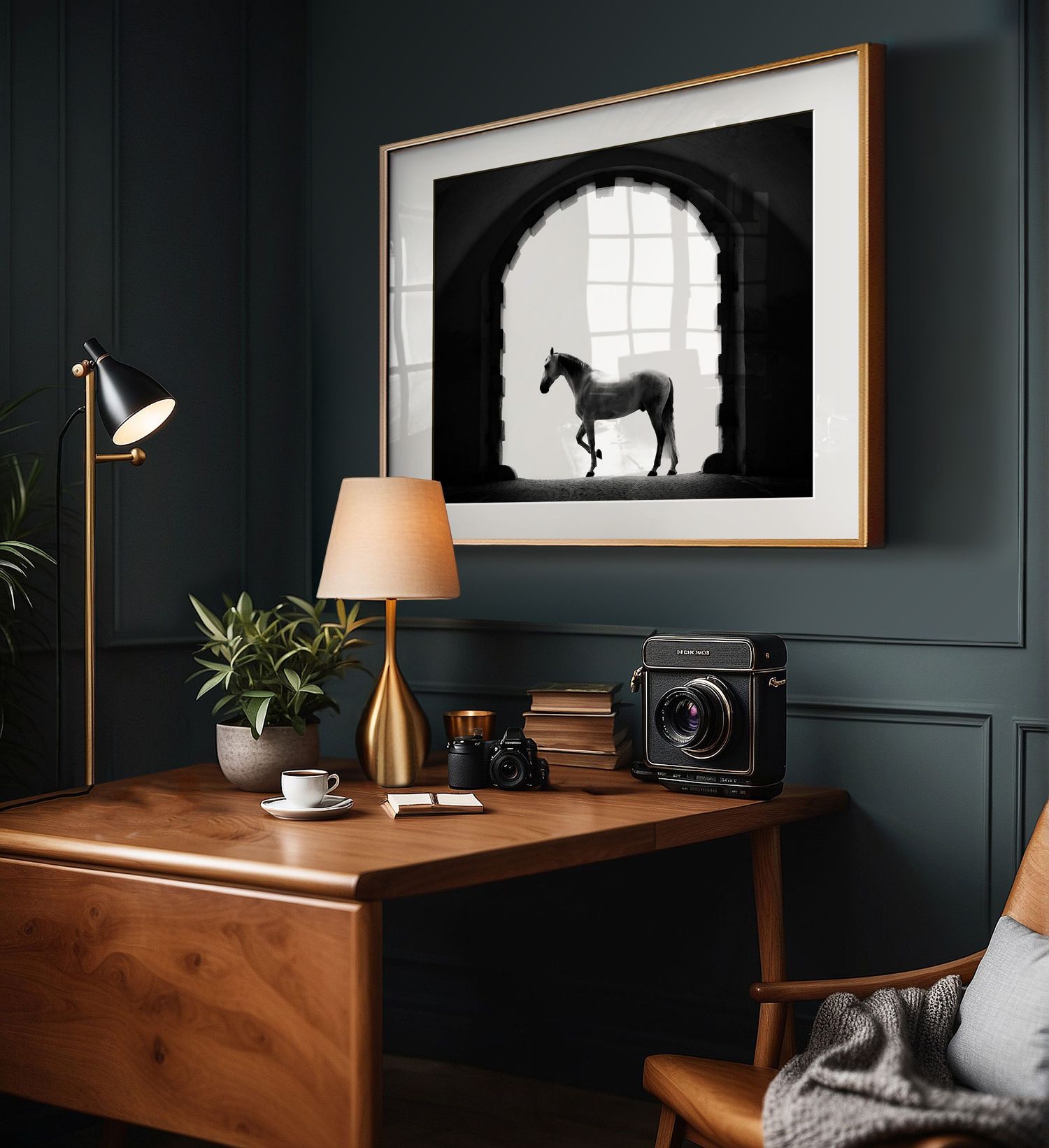Stylish workspace featuring a wood desk, table lamp, and framed horse silhouette art against dark walls.