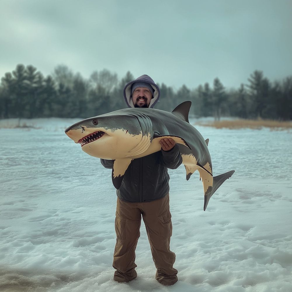Person in winter gear holds large model shark while standing in snowy landscape with trees in background.
