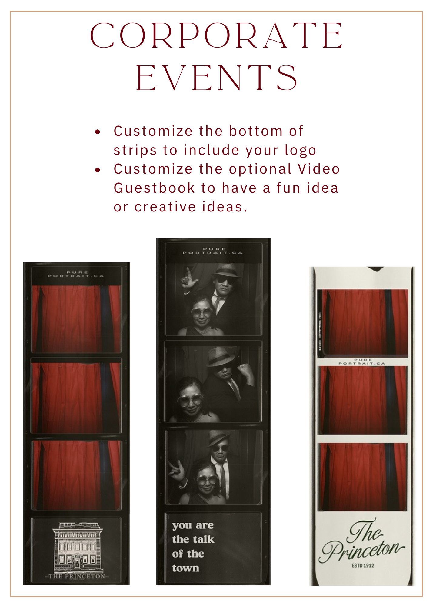 Filmstrip-style photo booth layout showing black and white frames with red curtain backgrounds for event photography.