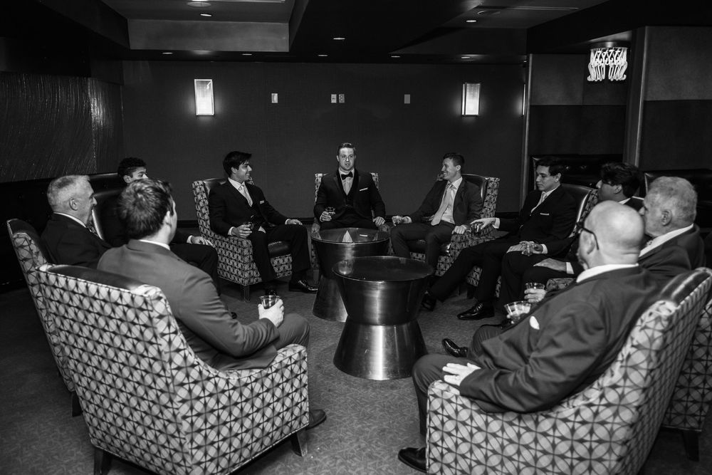A black and white photo series showing people sitting in patterned armchairs in what appears to be a lounge setting.