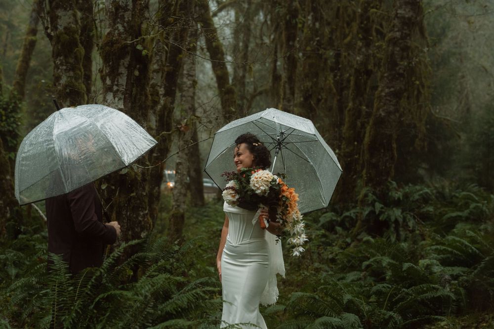 Wedding couple with clear umbrellas walking through a lush green forest setting.