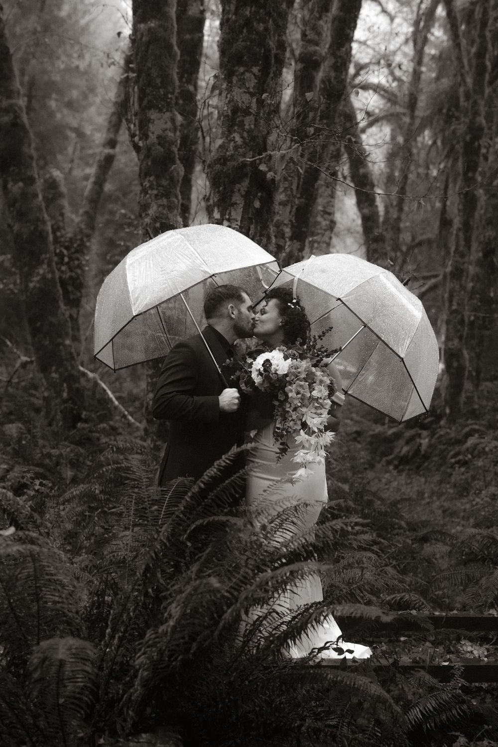A black and white wedding portrait of a couple with clear umbrellas in a moody forest.