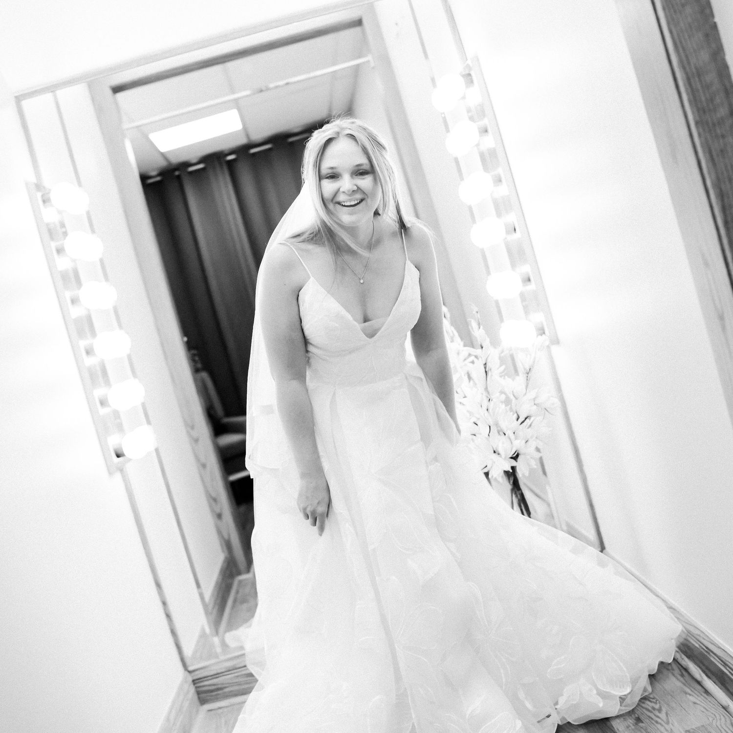 A series of wedding photos showing a bride in a white dress captured in various ethereal poses against light backgrounds.