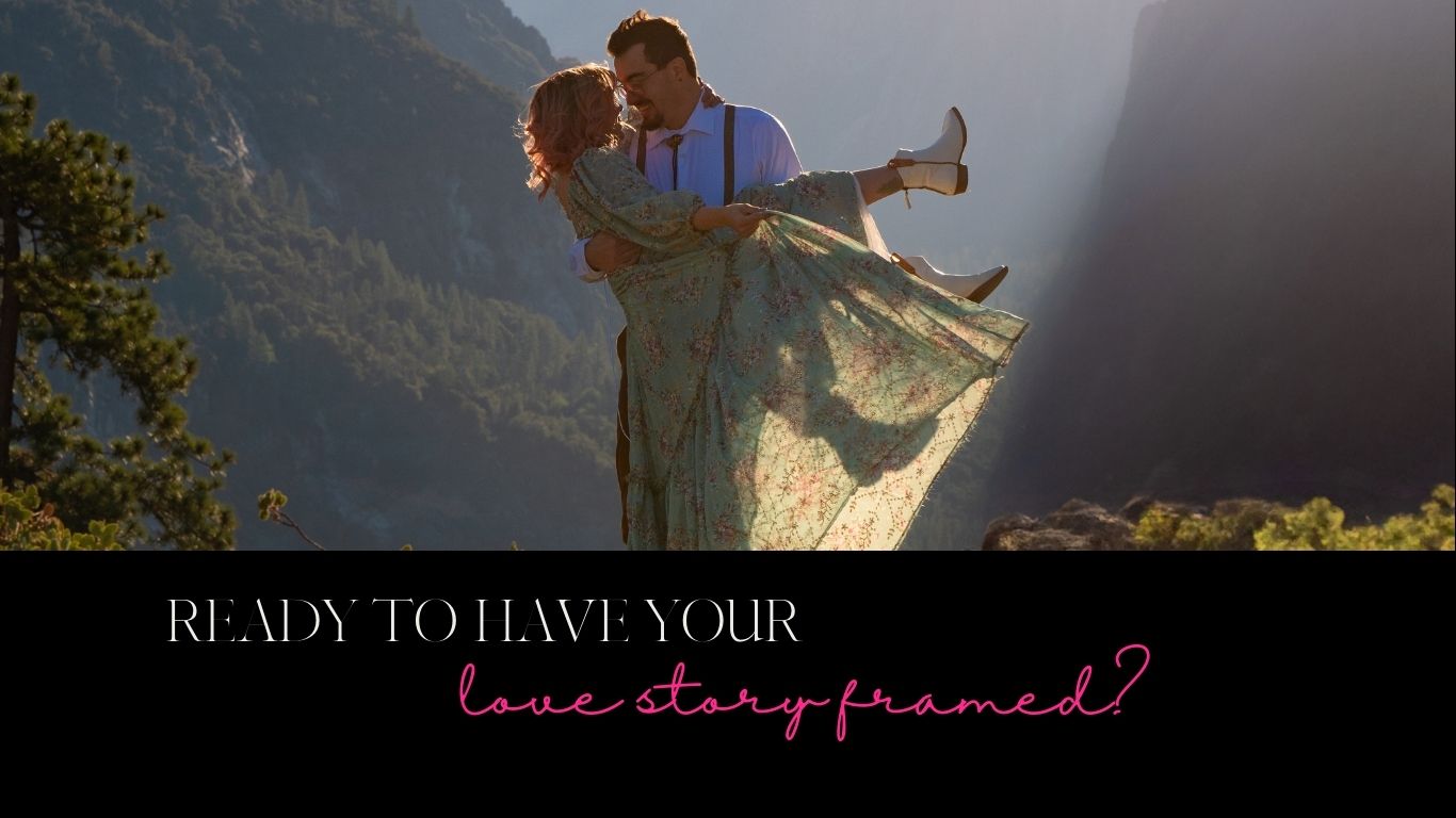 Elopement couple embracing at Tunnel View, Yosemite. Advertising Luxury Content Creation
captioned: Ready to have your Love Story Framed?