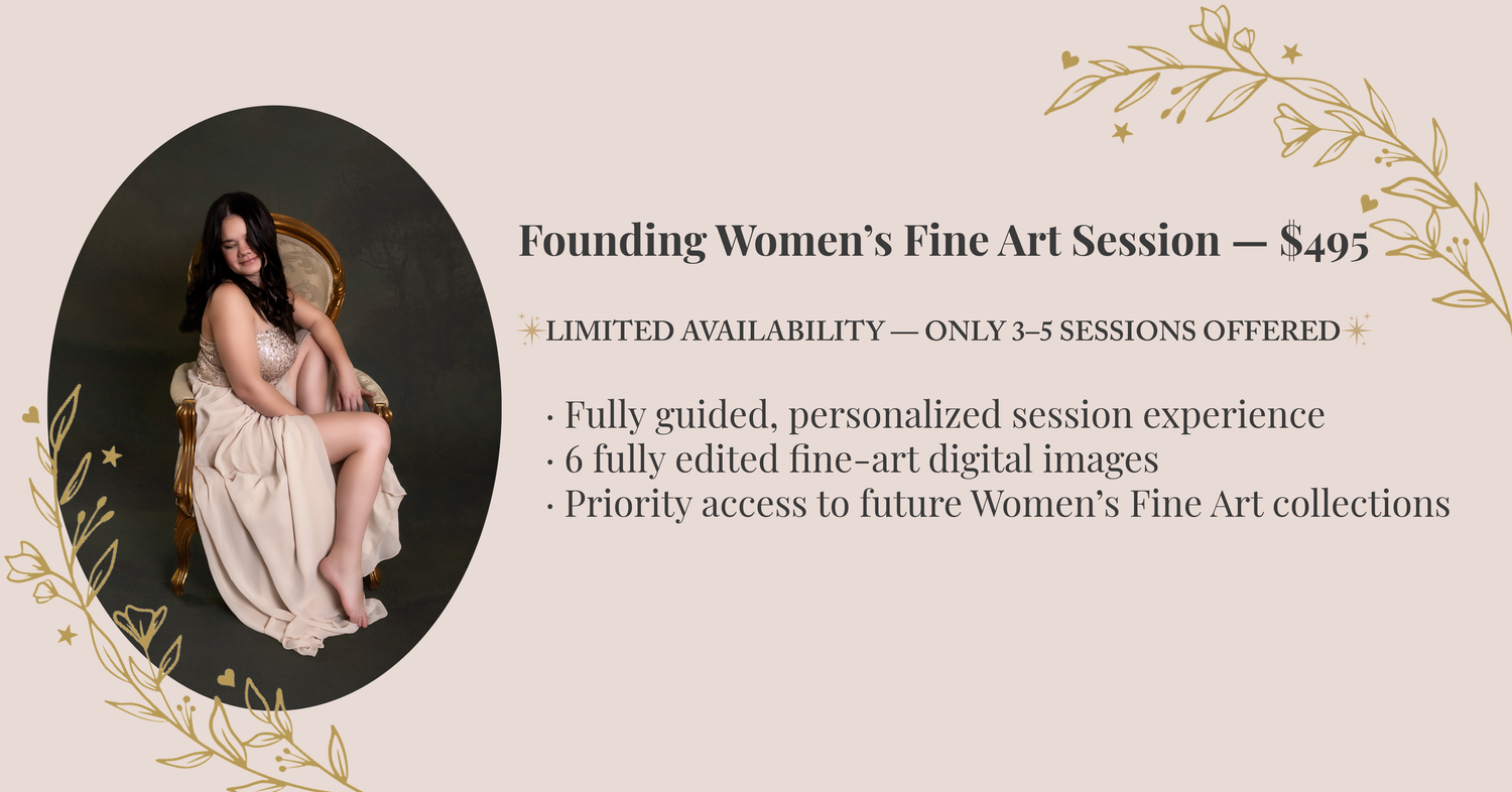 Elegant promotional banner for Women's Fine Art Session featuring soft pink and beige tones with artistic photography details.