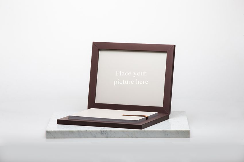 White box with brown leather wooden frame shown from multiple angles against light gray background.