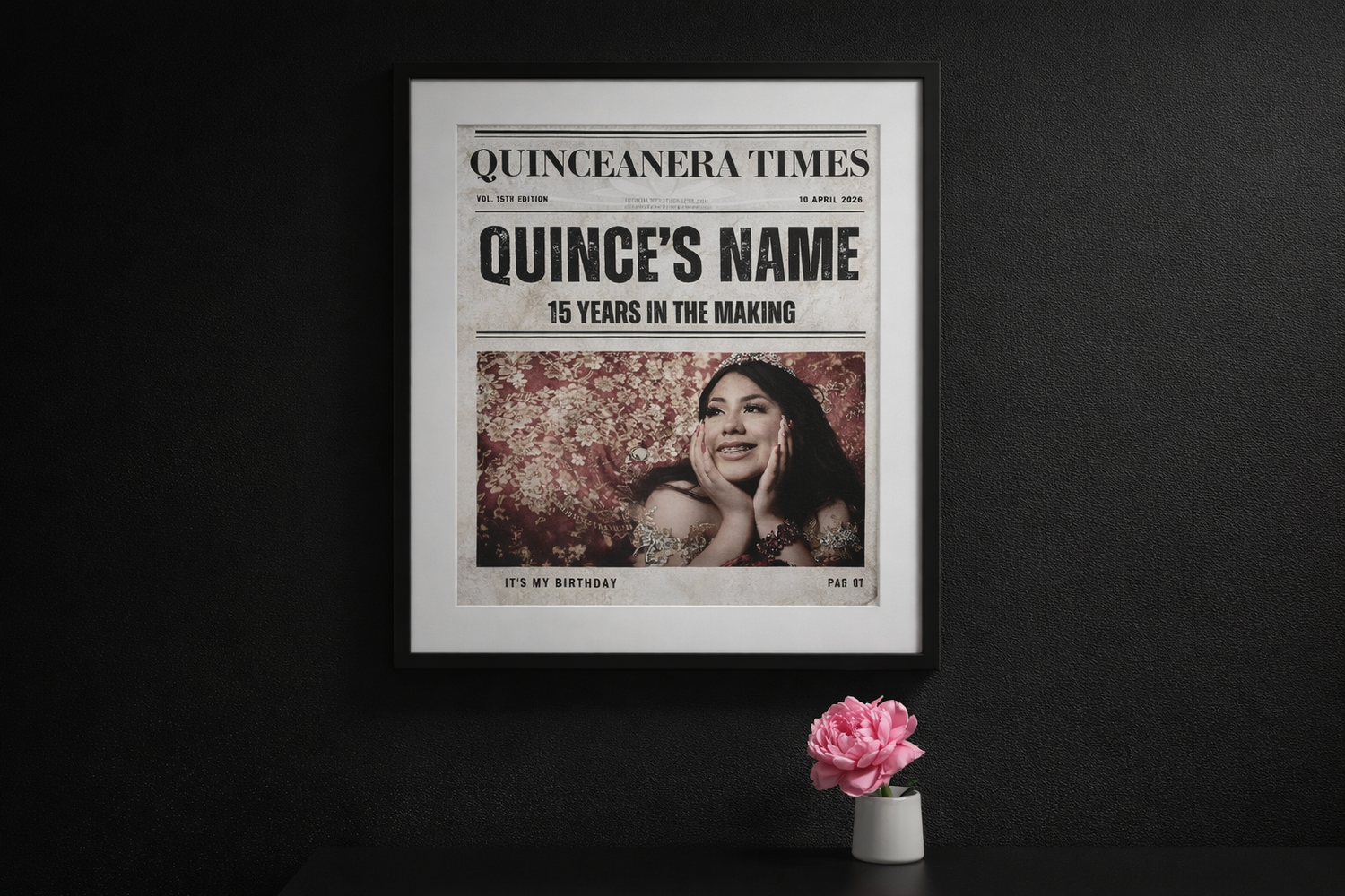 Quinceañera newspaper template with bold announcement style front page for Save the Date reveal