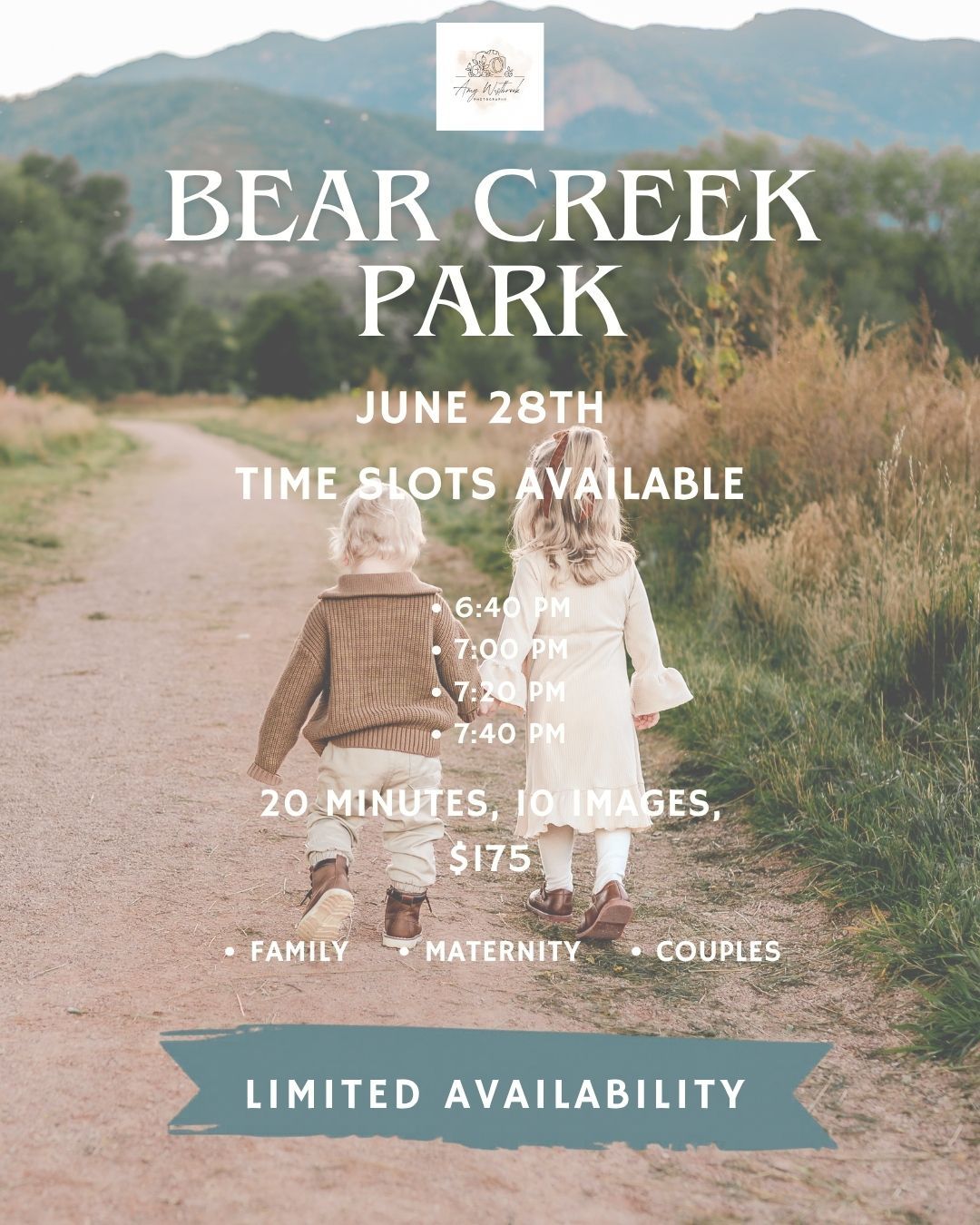 Two children walk hand-in-hand on a dirt path at Bear Creek Park photography mini session event flyer, June 28th, $175.