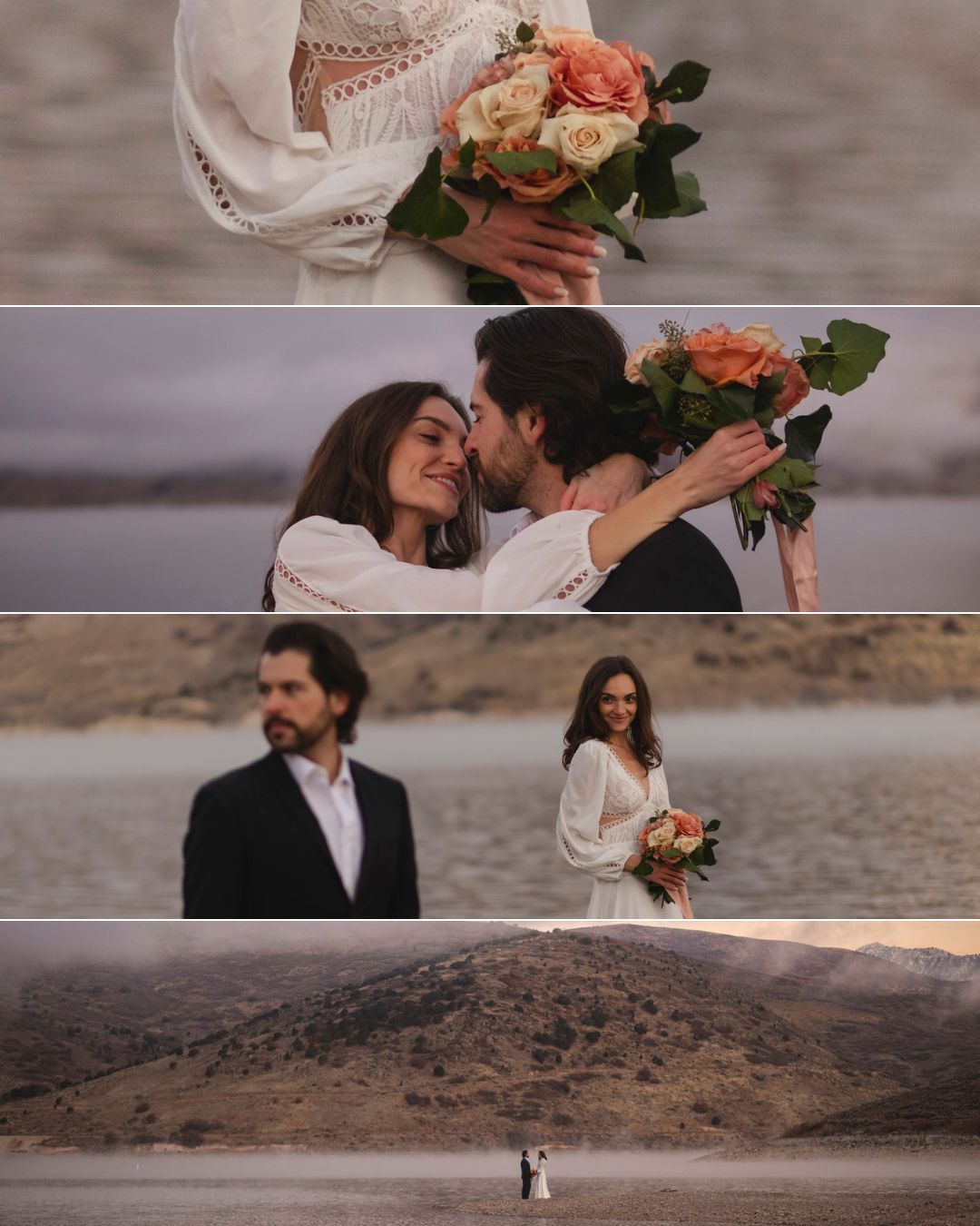 Couple lingers on the shoreline on a foggy sunrise morning mountain elopement quebec canada