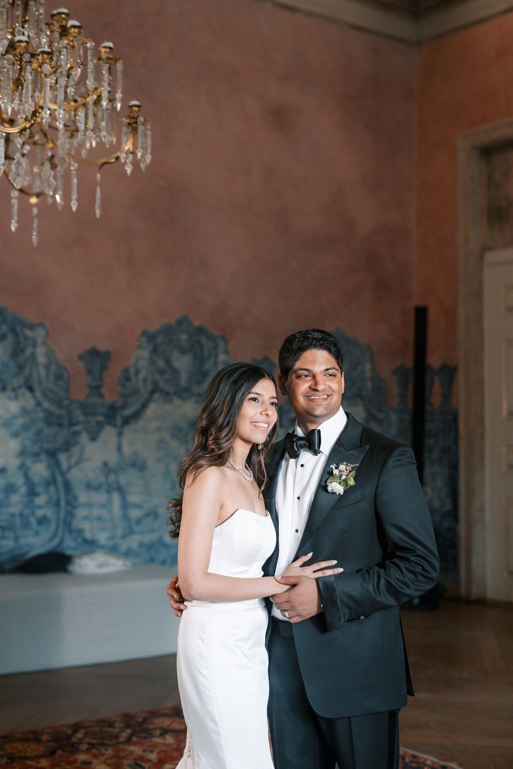 Bride and groom portrait inside Palácio do Correio-Mor during Indian destination wedding in Portugal