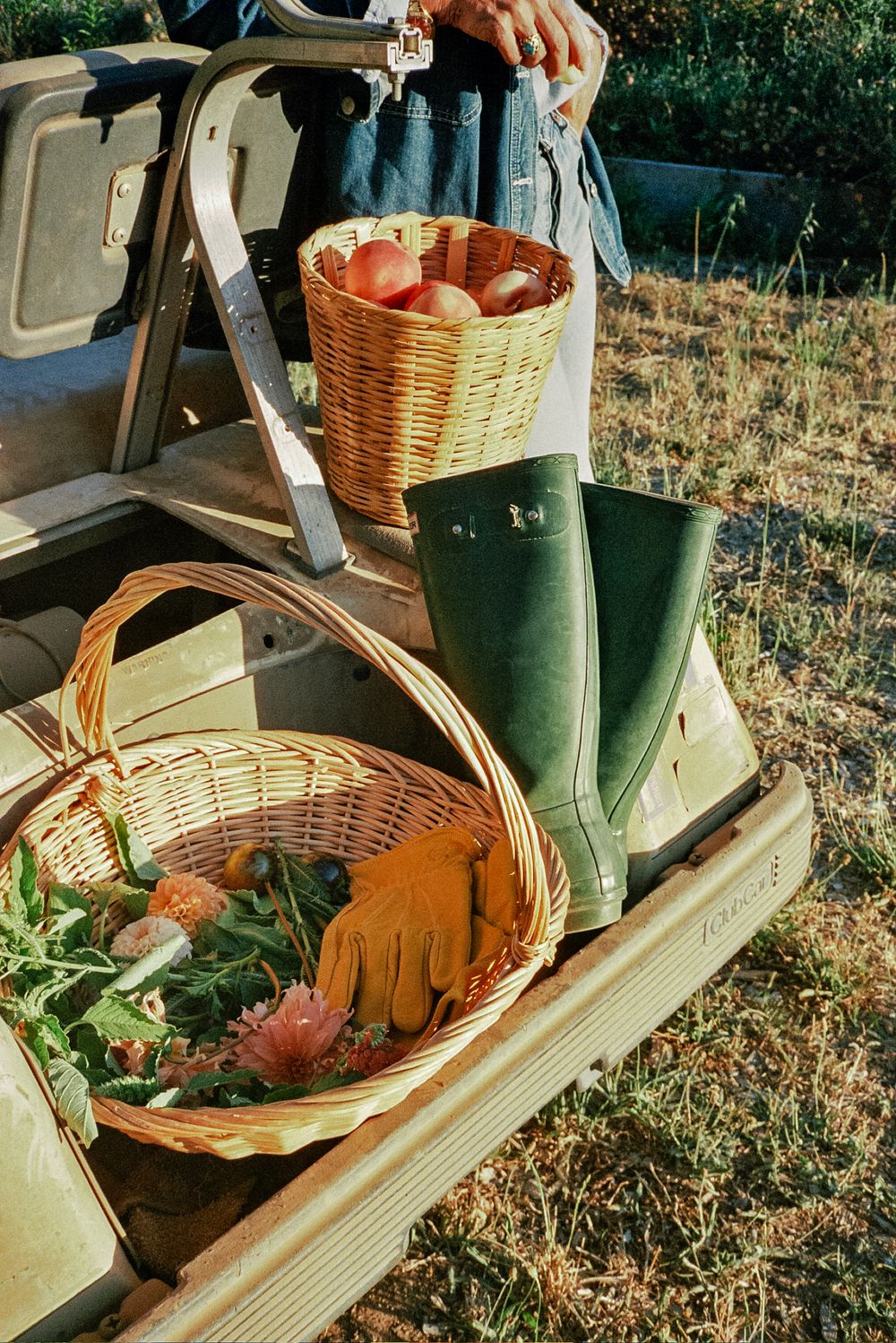 Wicker basket filled with fresh produce sits on a golf cart seat.