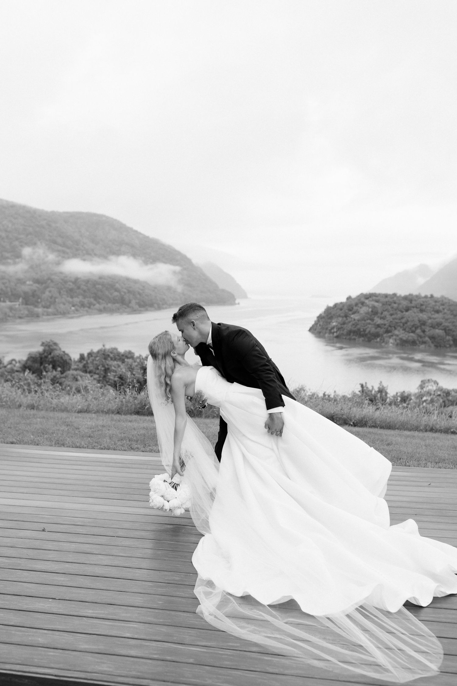 A romantic wedding photo sequence showing a couple dipping pose with flowing white dress against a mountain lake backdrop.