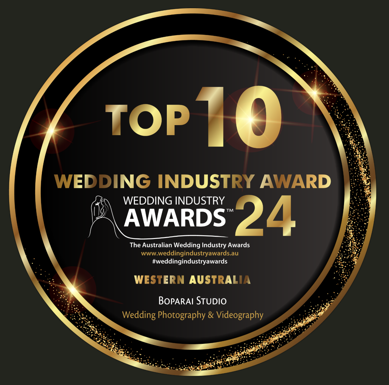 Top 10 wedding industry award emblem with golden circular frame and text for Western Australia awards 2024.