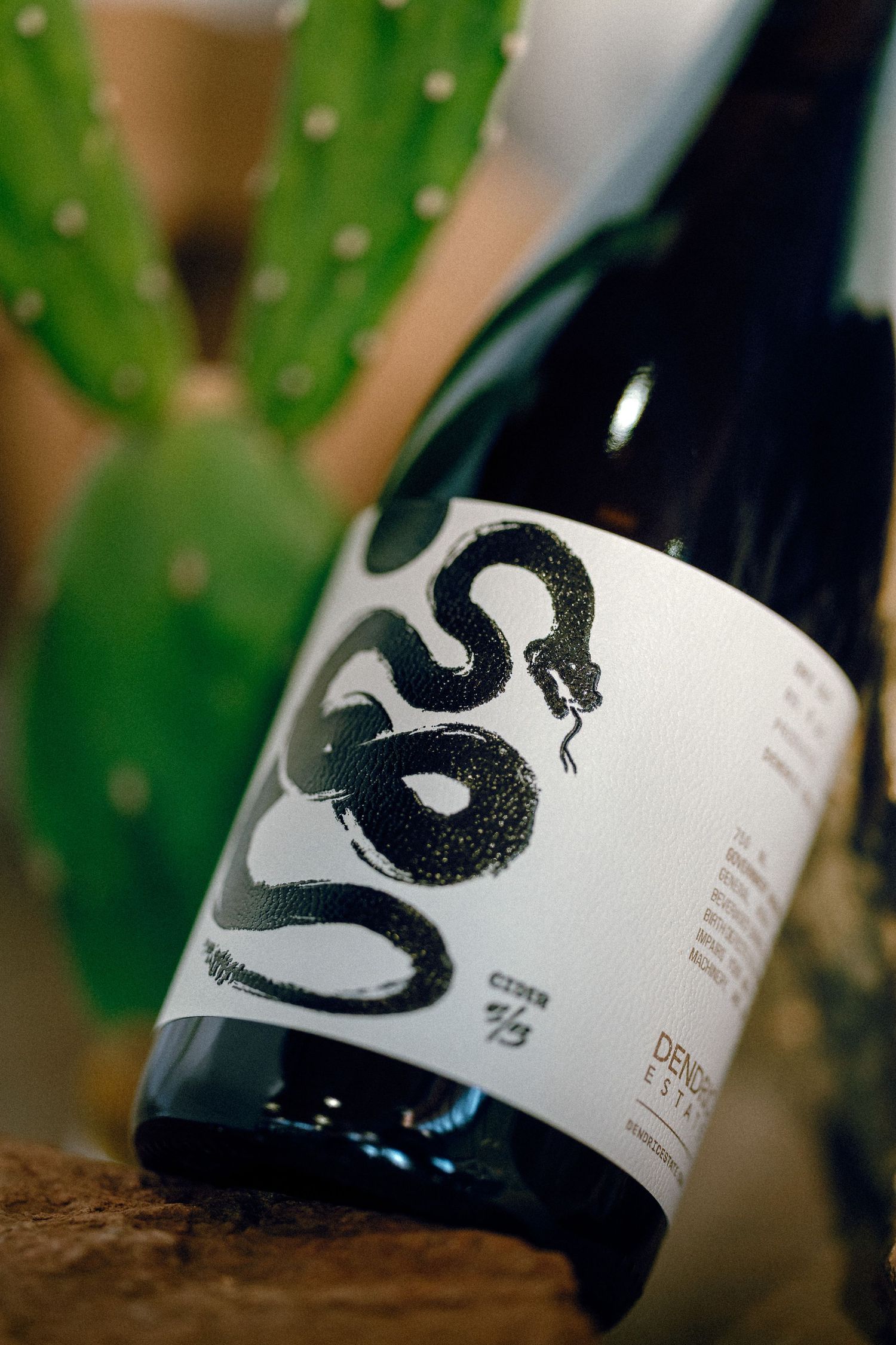 Wine bottle with striking black snake design on white label displayed next to succulent plant.