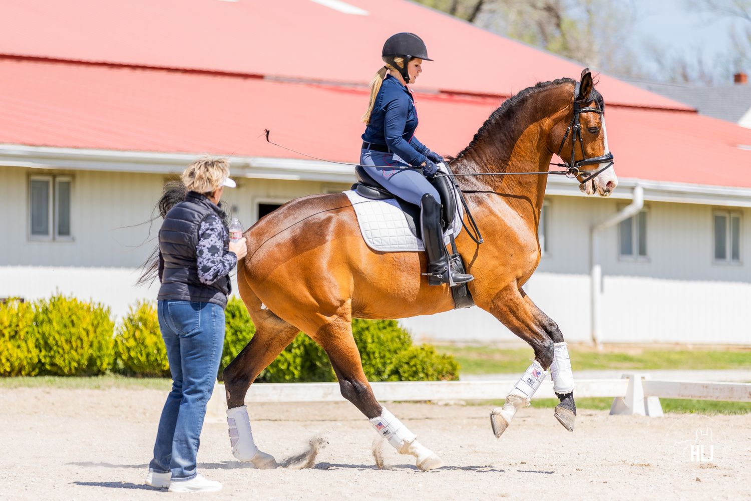 Horse and handler practicing dressage moves in an outdoor arena with white fencing and pink buildings.
