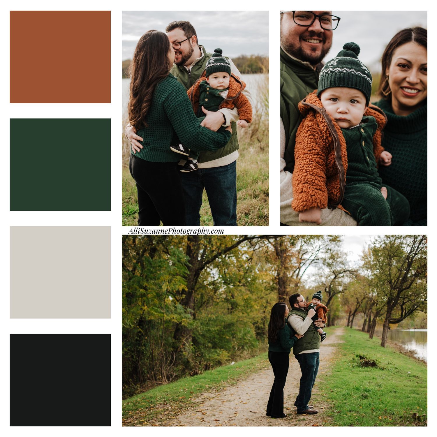 Fall mood board featuring rich browns and greens with outdoor family portraits taken in a natural wooded setting.
